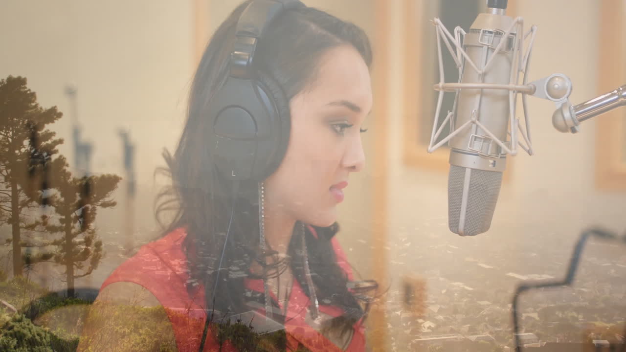 Singer recording music with headphones and mic in studio, blending forest and cityscape visuals