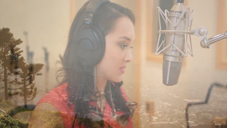 singer recording music with headphones and mic in studio, blending forest and cityscape visuals