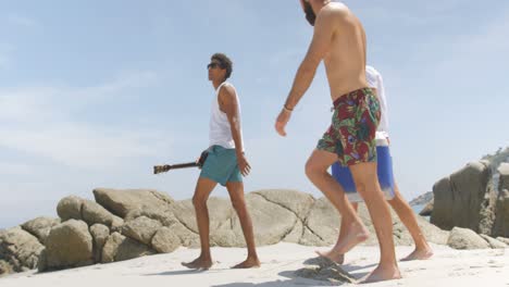 vista lateral de amigos de raza mixta llevando una caja de hielo en la playa 4k