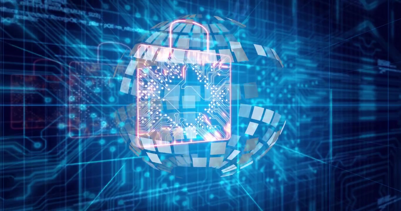 Bright light initiating tiles converging into spinning tile sphere, neon padlock locking data flow