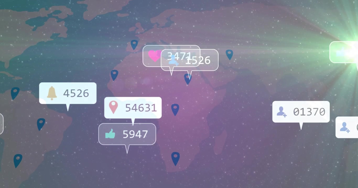 Central speech bubble featuring user-plus icon floating across cosmic world map with social metrics