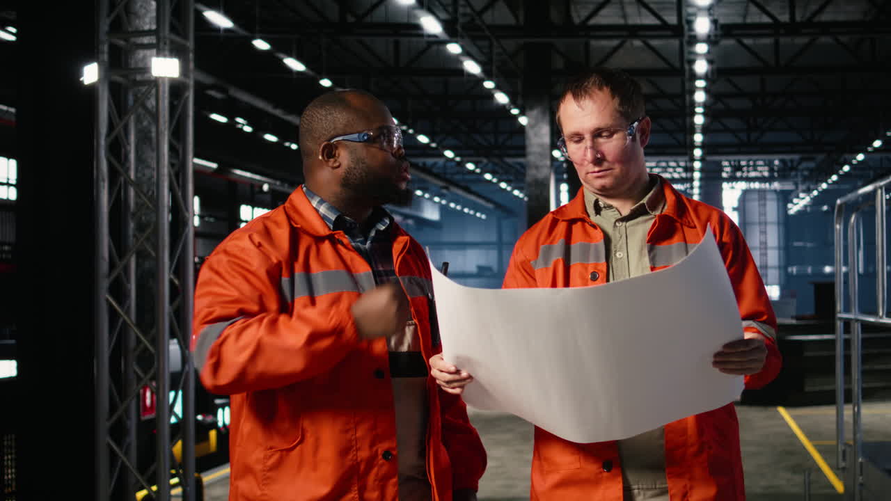 Diverse engineers handling assembly workflow with industrial plans