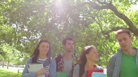 cheerful students walking outside