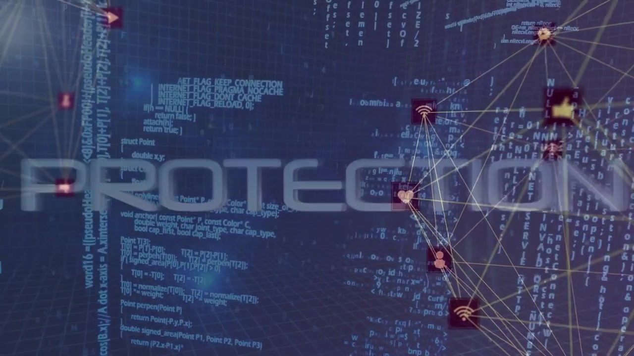 Animation of texts with data processing and network of connections over black background