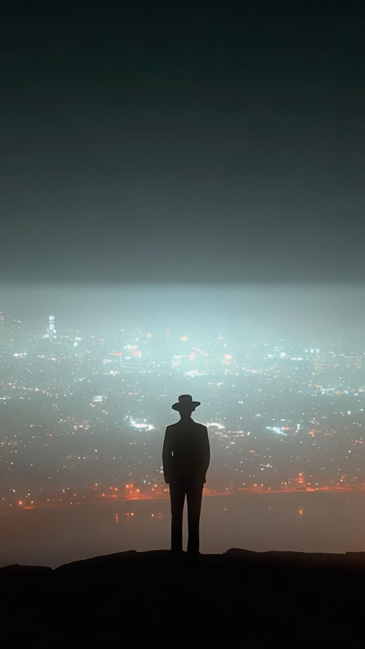 Une silhouette solitaire se dresse sur un belvédère panoramique, contemplant une ville tentaculaire illuminée par des lumières scintillantes sur un arrière-plan sombre et brumeux, évoquant un sentiment de mystère et de contemplation.