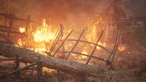 Burning-wooden-house-in-old-village