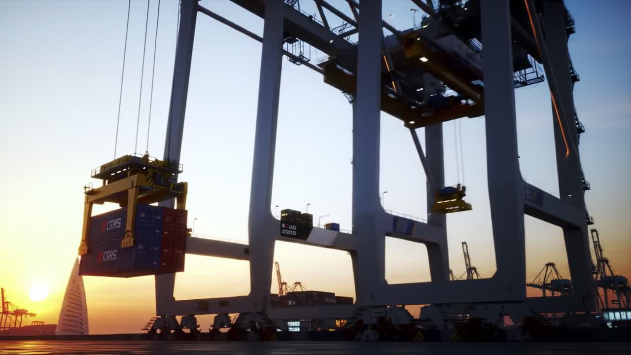 A Container Crane Operates at Sunset, Highlighting the Efficient Transfer of Cargo in a Busy Port Environment with an Emphasis on Trade and Logistics.