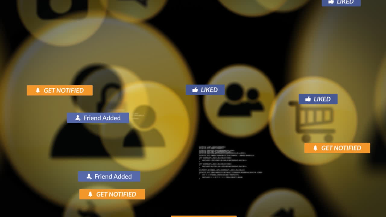 animación del texto de las redes sociales en banners con iconos digitales sobre fondo negro