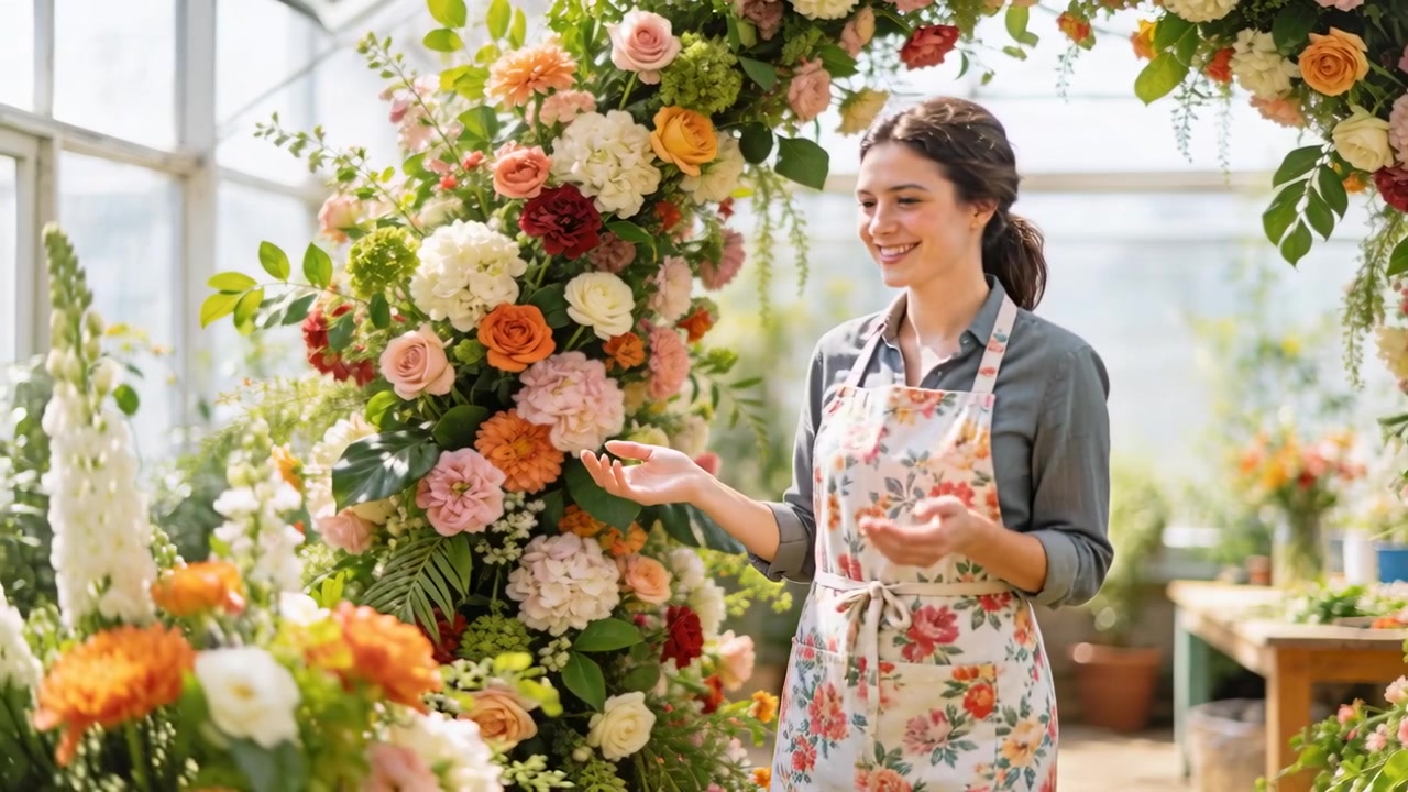Fiorista in grembiule che fa un passo indietro, sistema i fiori in serra, controllando l'equilibrio della composizione, con spazio per il testo.