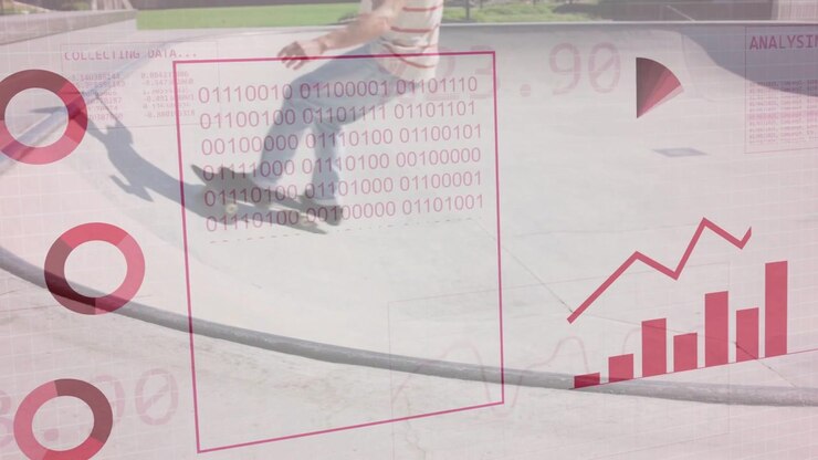 Skater entering right, riding bowl airing as red overlays tracking rider showing sports bar chart