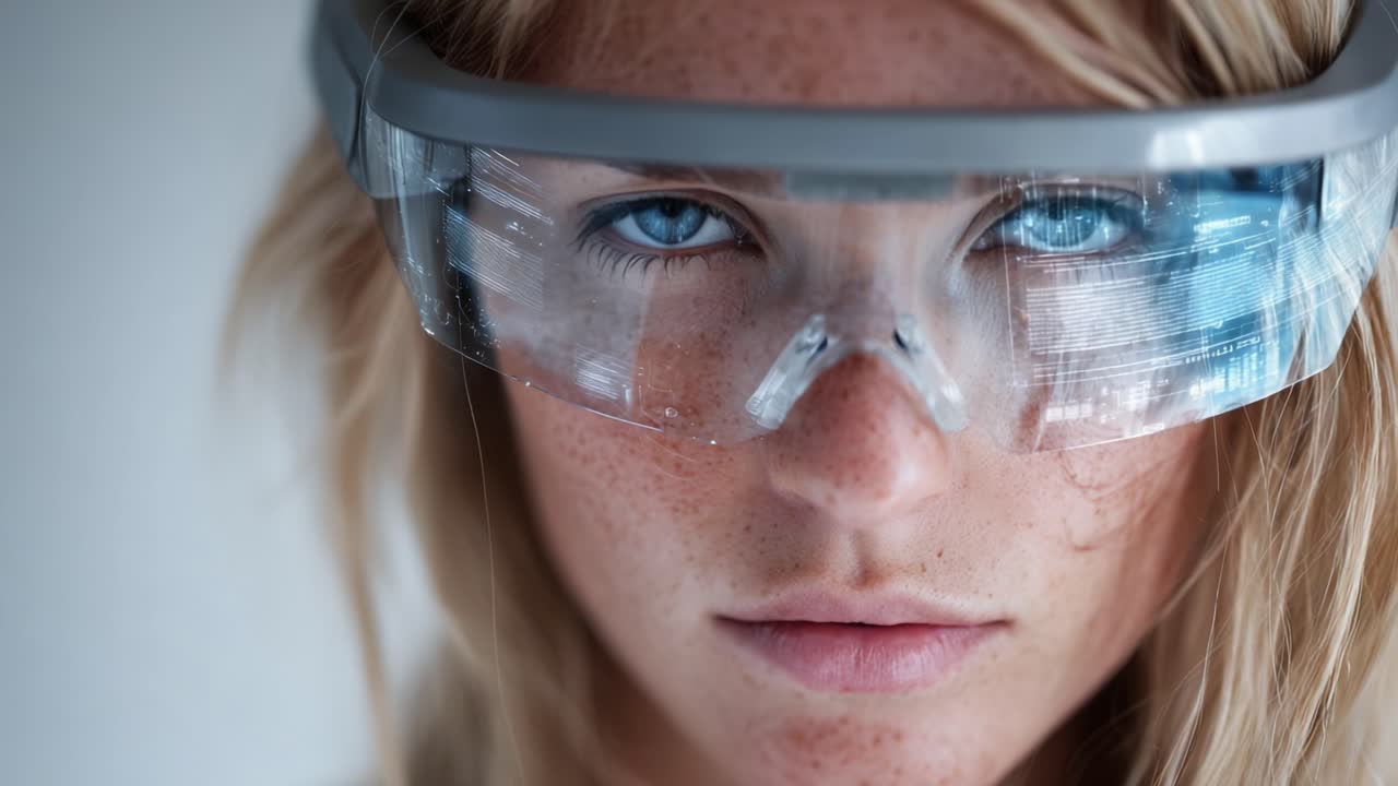 A Close-Up Portrait of a Young Woman Wearing Protective Eyewear, Emphasizing Her Striking Blue Eyes and Natural Freckles Against a Simple Background