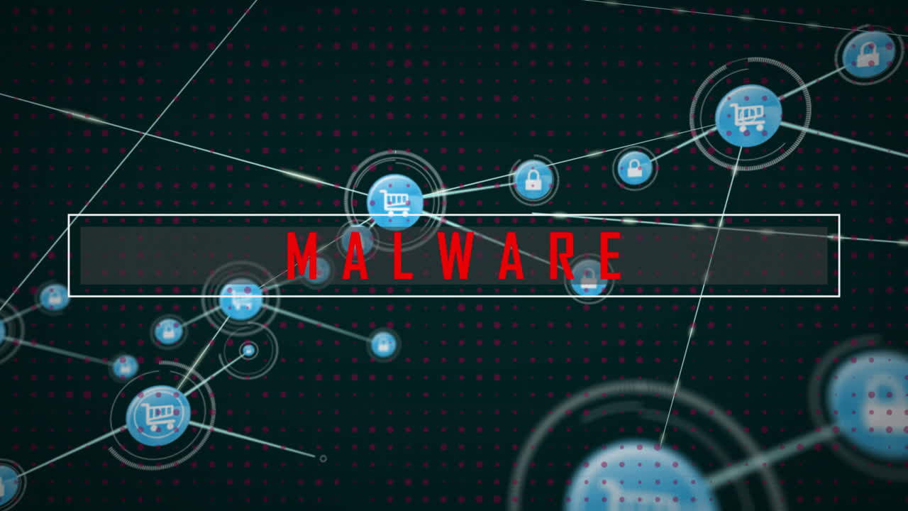 Animation of cyber attack text and network of connections on black background