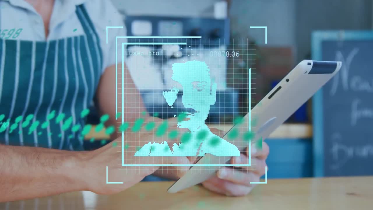 animación de personas iconos sobre trabajador masculino caucásico con tableta