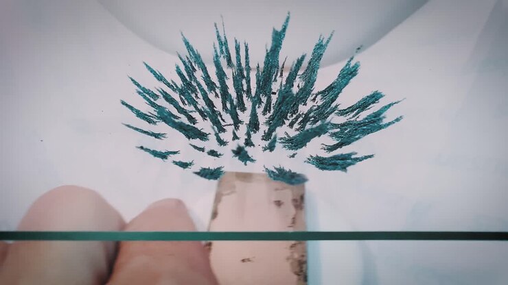 Iron filings moving in the magnetic field of a neodymium magnet, angle shot