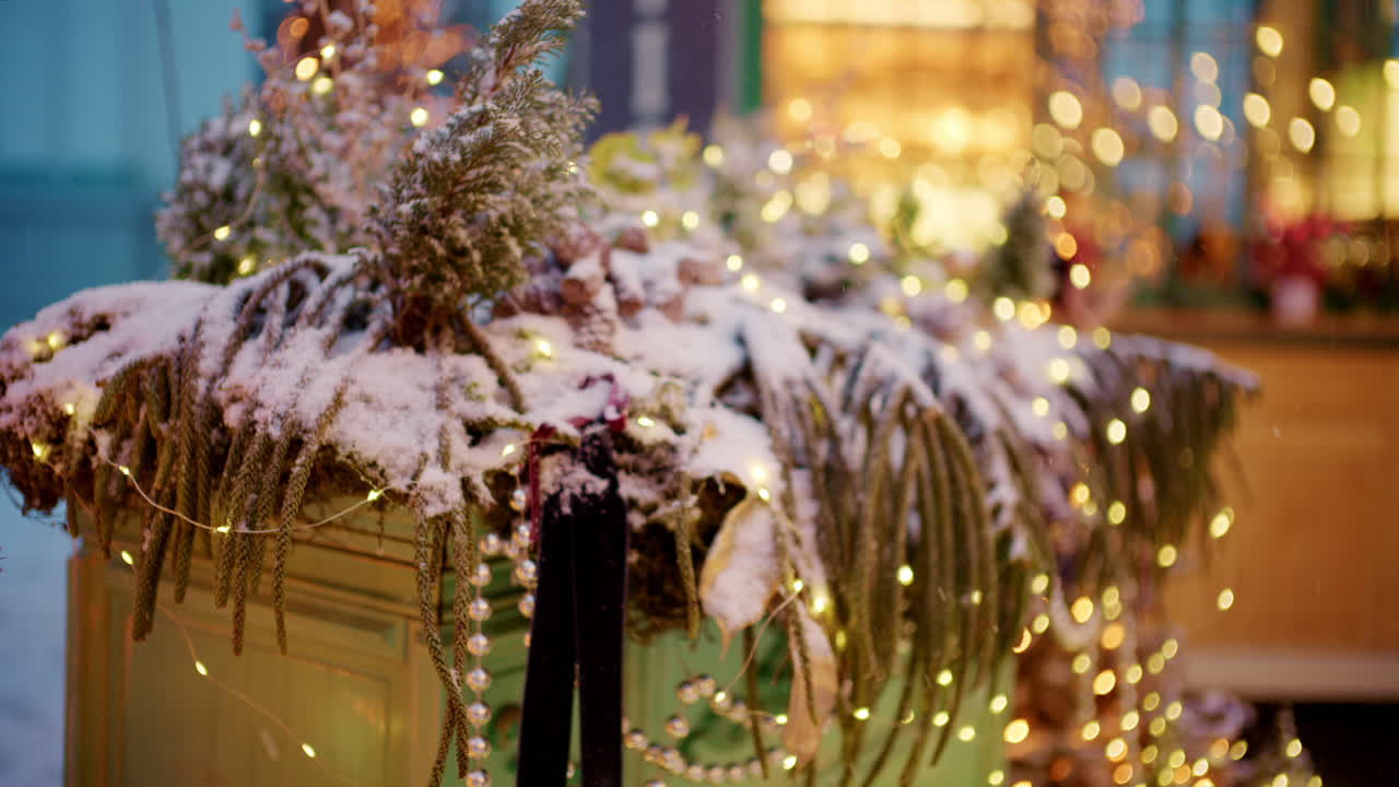Close-up van een decoratieve plantenbak gevuld met wintergroen, bedekt met sneeuw en omwikkeld met kleine gloeiende lichtjes.