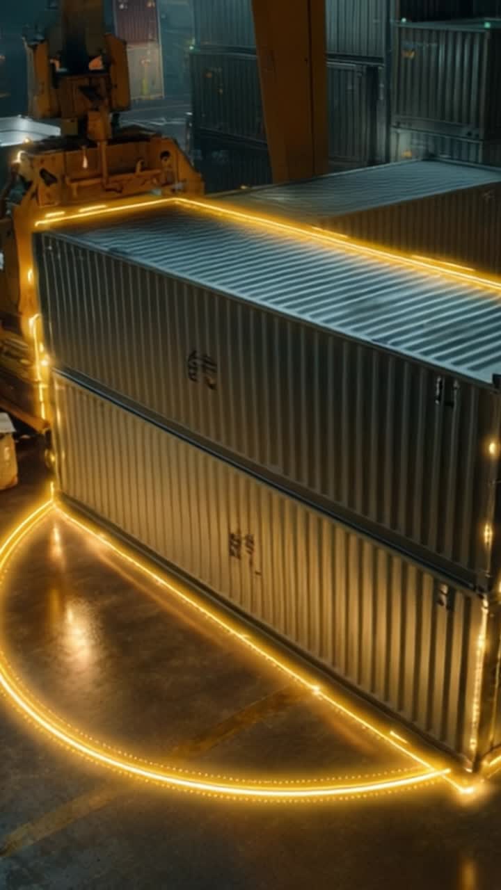 Aerial View of Two Shipping Containers Illuminated with LED Lights Against a Warehouse Background, Showcasing Modern Industrial Aesthetics and Logistics