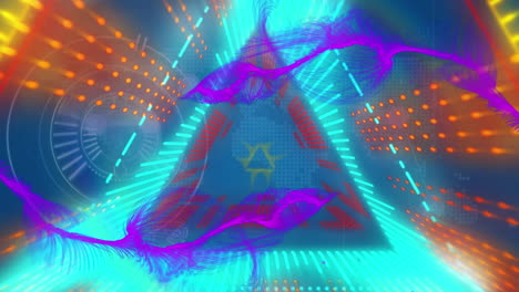 animation of light trails over shapes and scope scanning on blue background