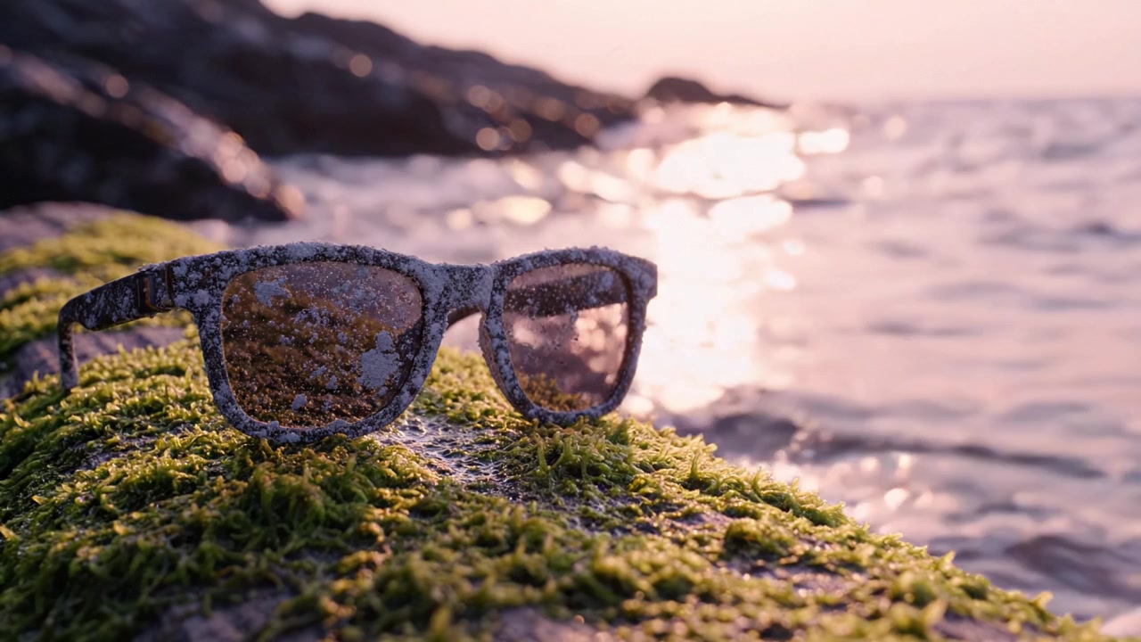Una vista de cerca de elegantes gafas de sol descansando sobre una roca cubierta de musgo en la orilla, reflejando la luz centelleante de las olas del océano durante el atardecer.