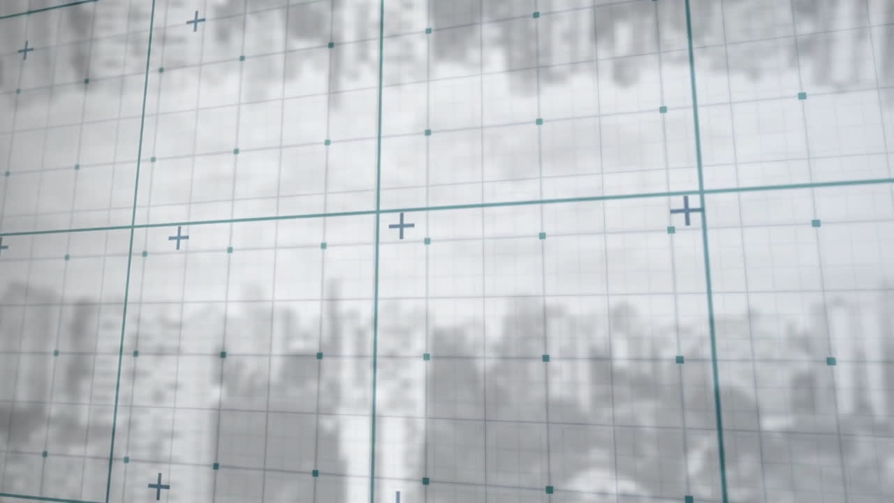 Cityscape silhouette overlaying grid, creating urban planning animation concept