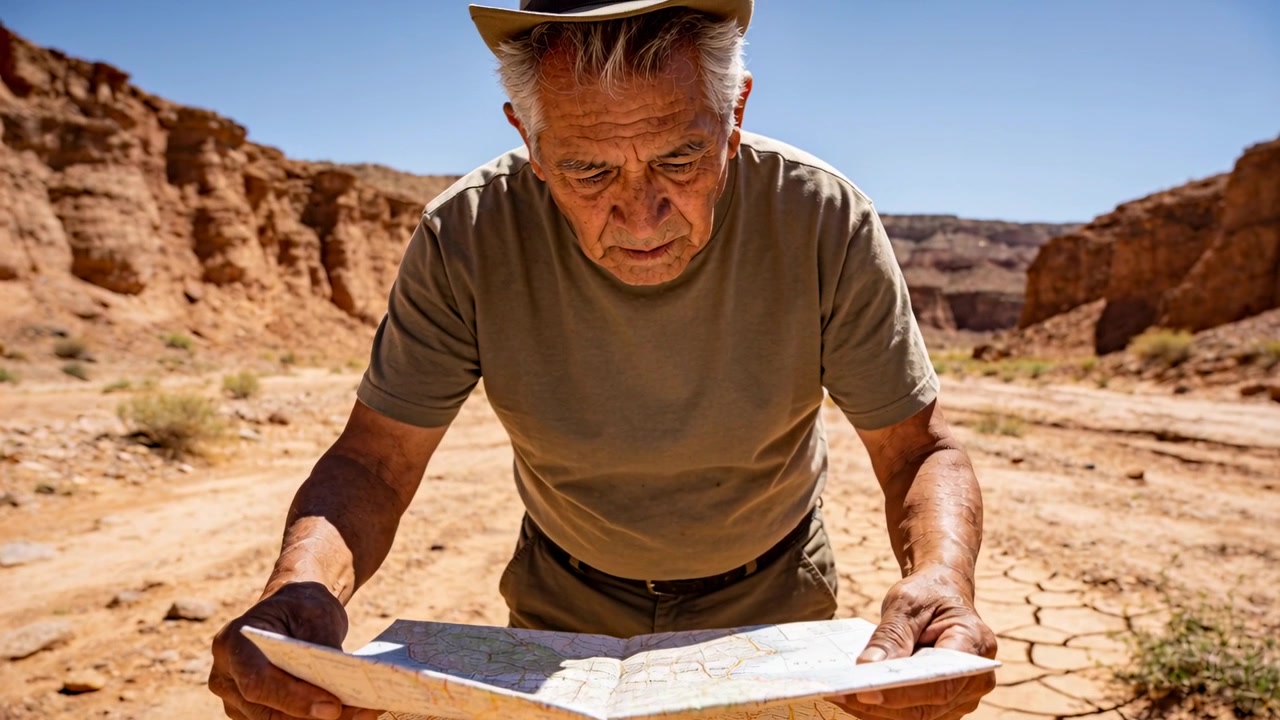 Arrivée au canyon, homme âgé en t-shirt kaki penché sur une carte pliée, vérifiant l'itinéraire, mettant son chapeau.