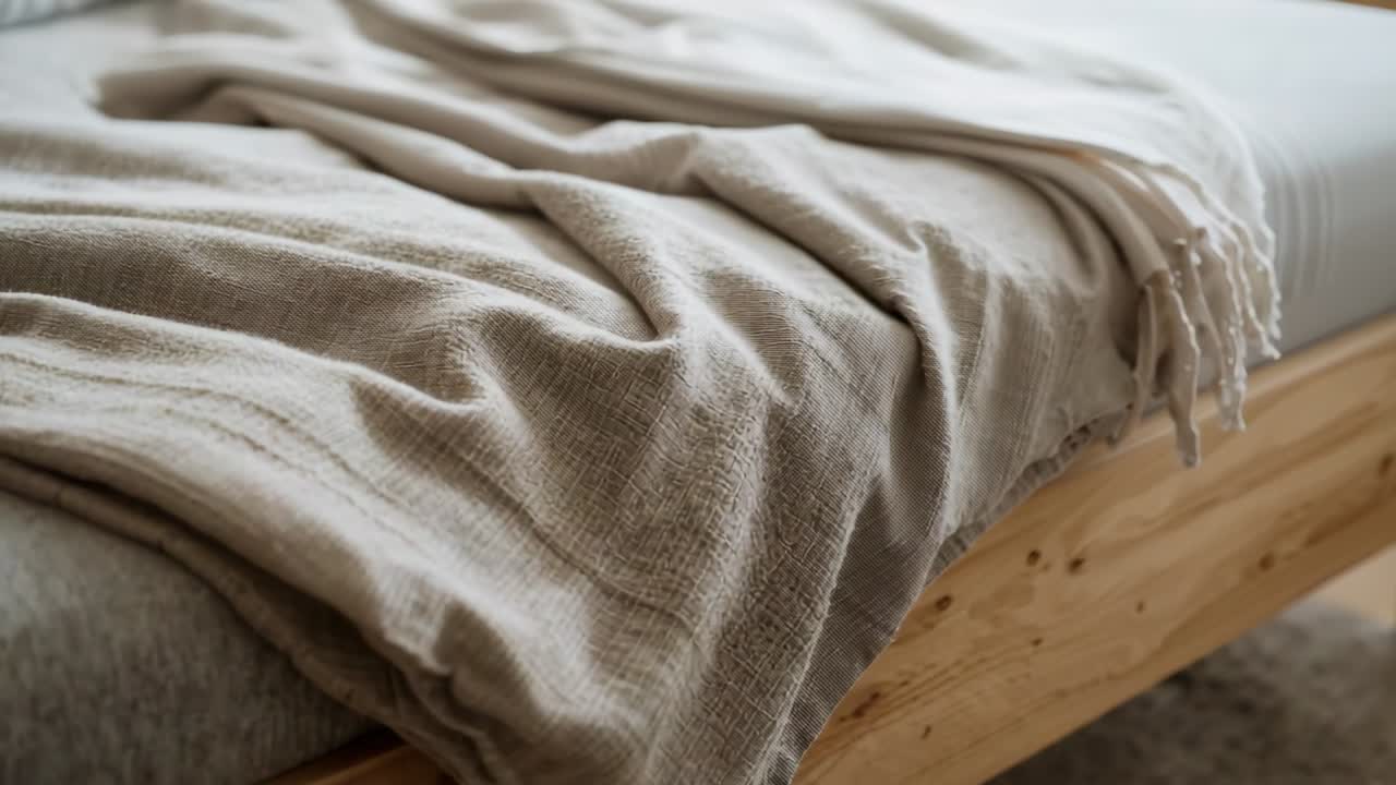 Inquadratura iniziale, la telecamera si avvicina abbassando l'angolazione verso la sponda del letto, mostrando un plaid beige con frange.