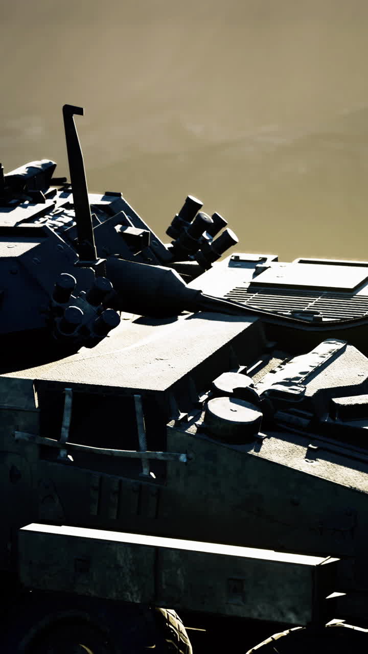 Military vehicle stands resilient against a dramatic sunset backdrop