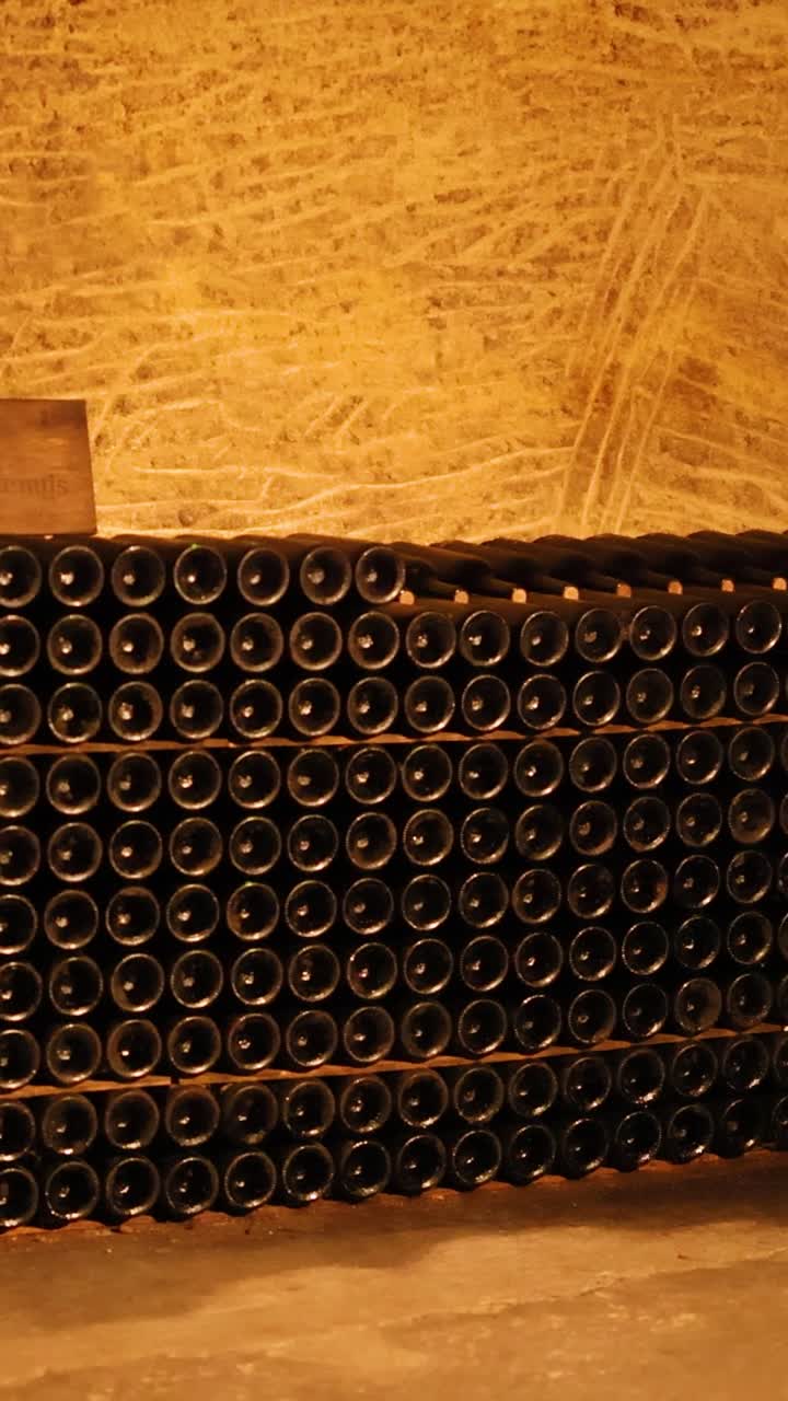 Bottiglie di vino impilate in una cantina in penombra