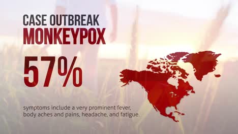 Animation-of-case-outbreak-monkeypox,-0-text,-map-over-caucasian-wan-walking-in-fields