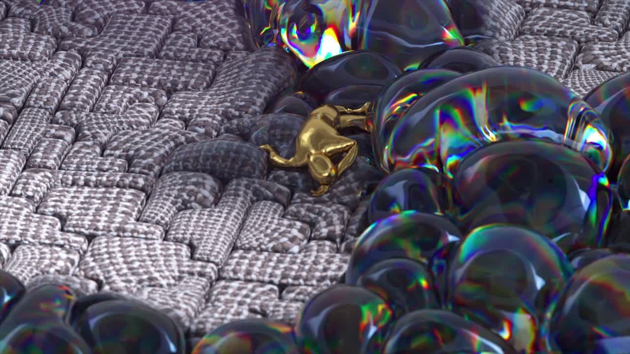 arte abstracto con burbujas y figura dorada en base de mármol