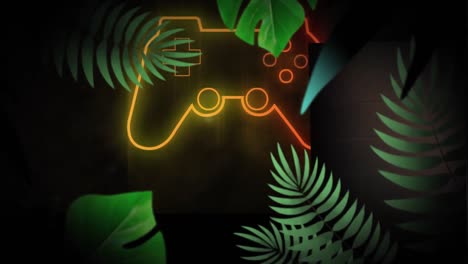 Animation-of-green-plants-over-gamepad-on-black-background