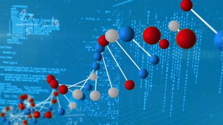 Animazione di DNA ed elaborazione dati scientifici su sfondo blu