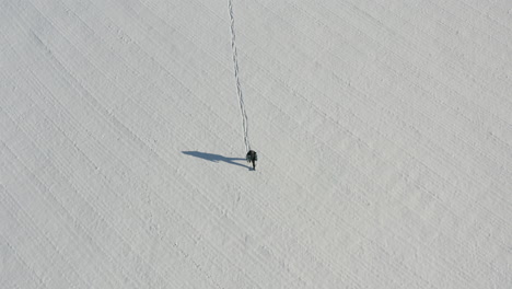 Birdseye-aerial-view-of-lonely-man-walking-on-snow-capped-field-leaving-trail-on-sunny-winter-day,-high-angle-tilt-down-drone-shot