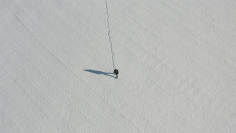 birdseye aerial view of lonely man walking on snow capped field leaving trail on sunny winter day, high angle tilt down drone shot