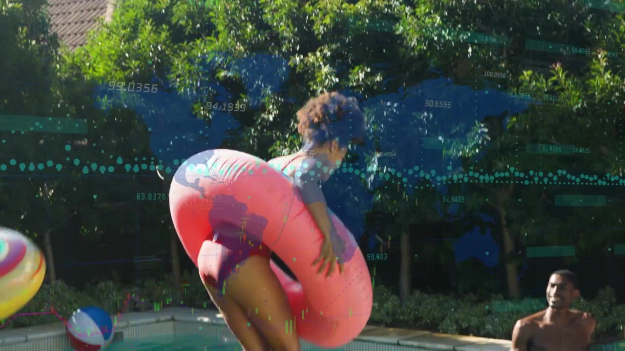 Red-swimsuit woman jostling pink donut, sparking data overlay, stepping into pool for leisure