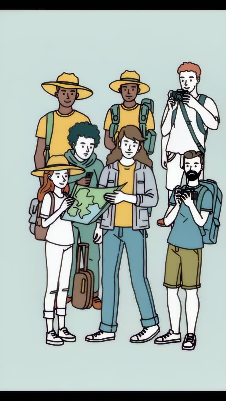 A diverse group of tourists with maps and cameras