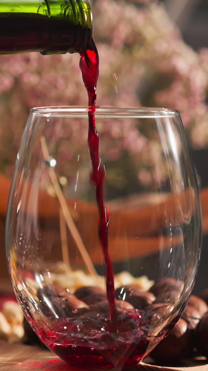 Pouring red wine into glass on snack tray closeup. Filling stylish wineglass with luxury alcoholic drink in hotel room. Party atmosphere items
