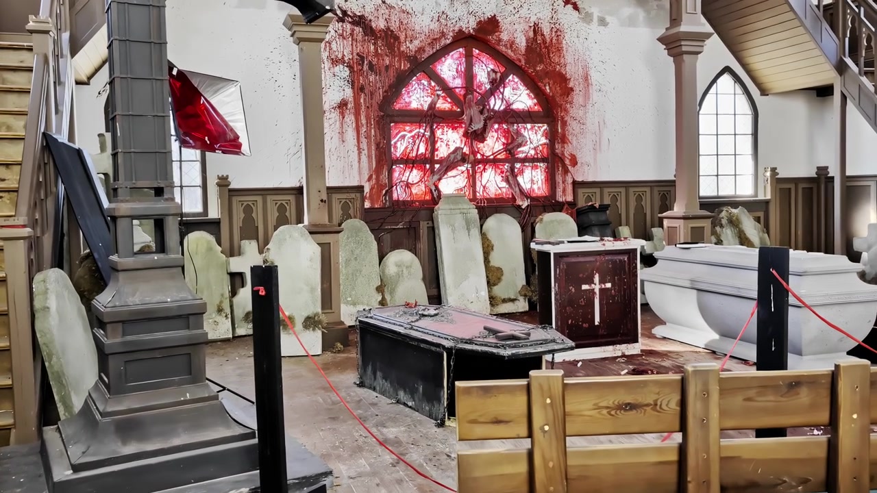 Set cinematografico insanguinato per una scena di guerra o horror all'interno di un'ambientazione ecclesiastica.