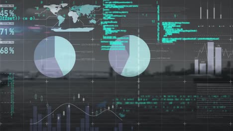 Animation-Der-Statistikaufzeichnung-Und-Datenverarbeitung-über-Dem-Stadtbild