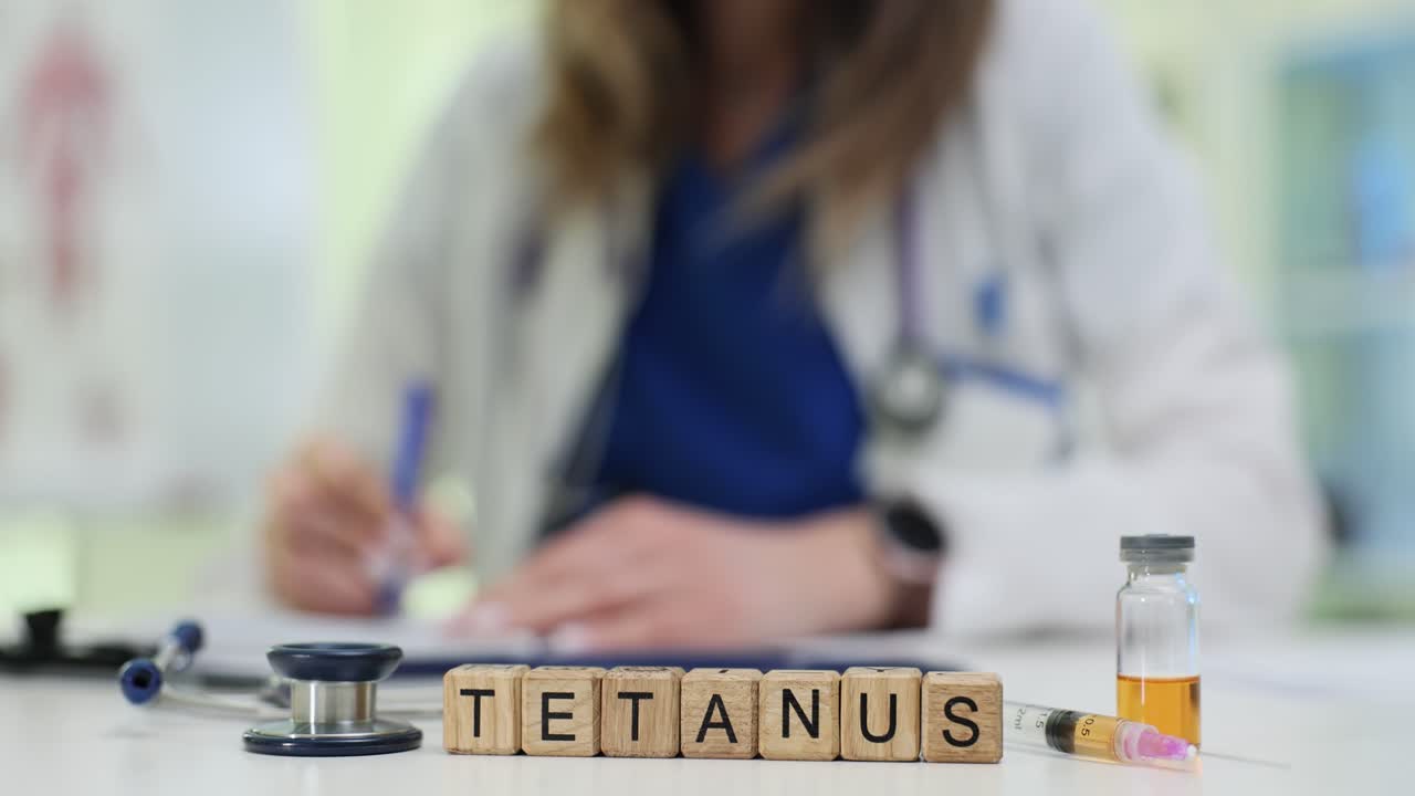 Blocos de madeira soletram tétano simbolizando vacina em clínica
