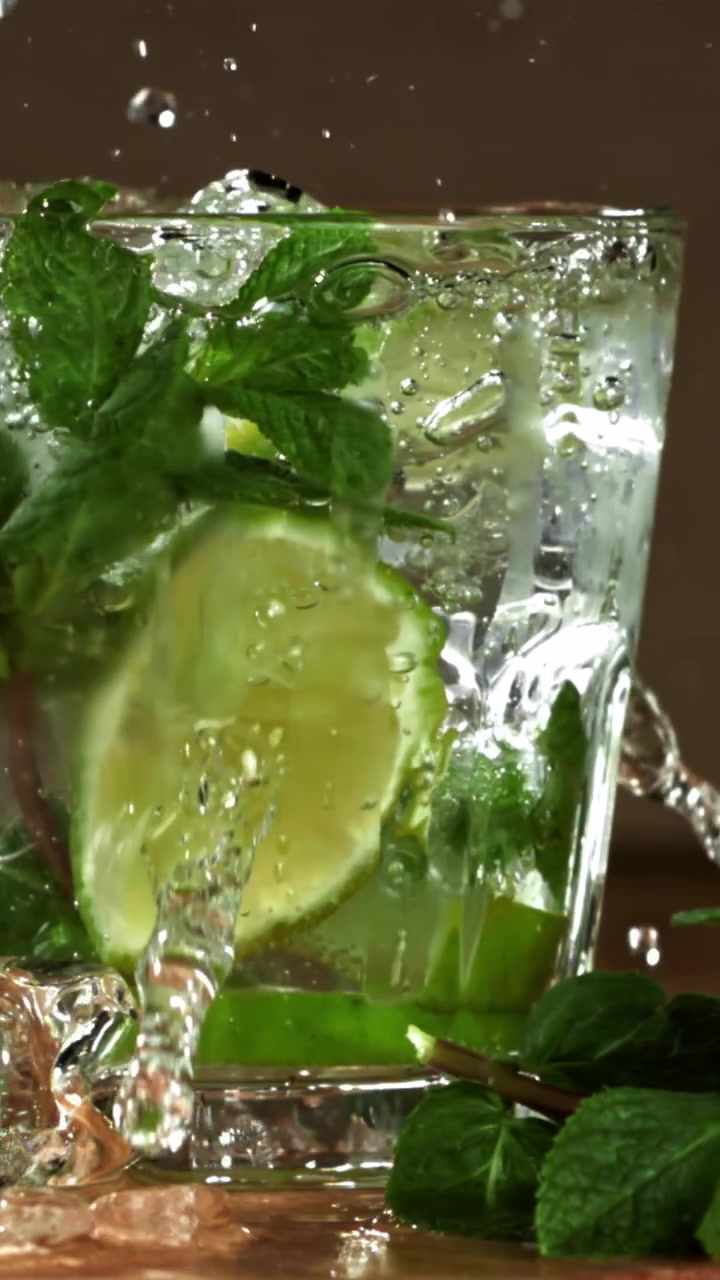 Hidastettu veden kaato virkistävään mojito-cocktailiin