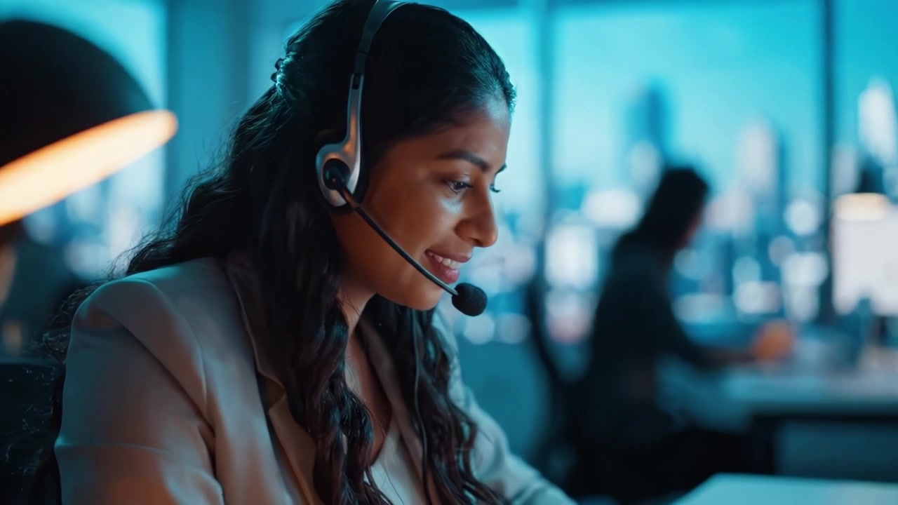 Fokuseret professionel kvinde med headset, der udfører fjernarbejde på kontor med skyline i baggrunden, hvilket demonstrerer moderne kommunikations- og samarbejdsteknikker