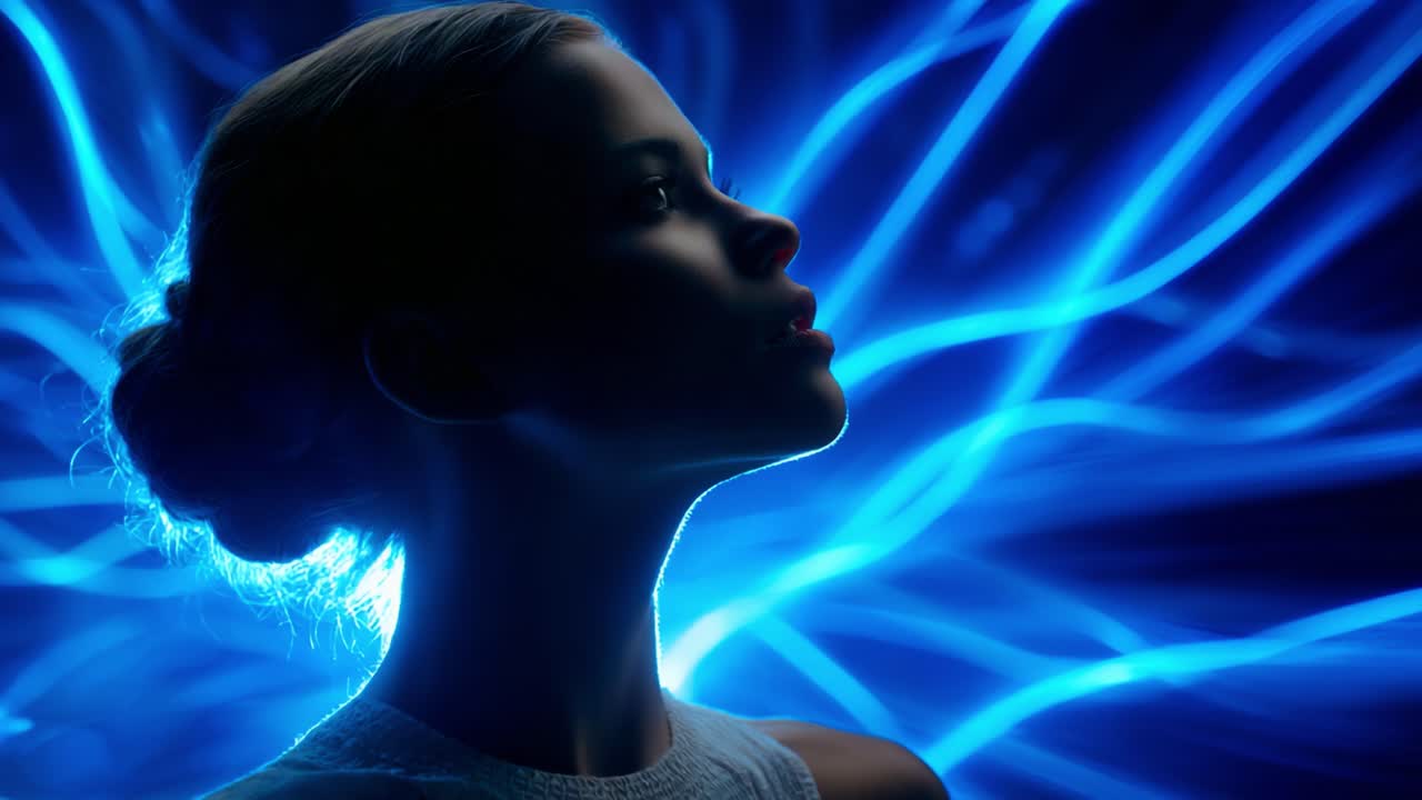 A captivating silhouette of a woman against an ethereal backdrop of flowing blue light trails, capturing the essence of beauty, grace, and profound depth in a mesmerizing visual experience