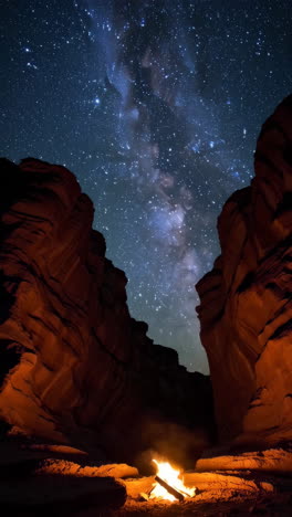 campfire under the milky way in a canyon