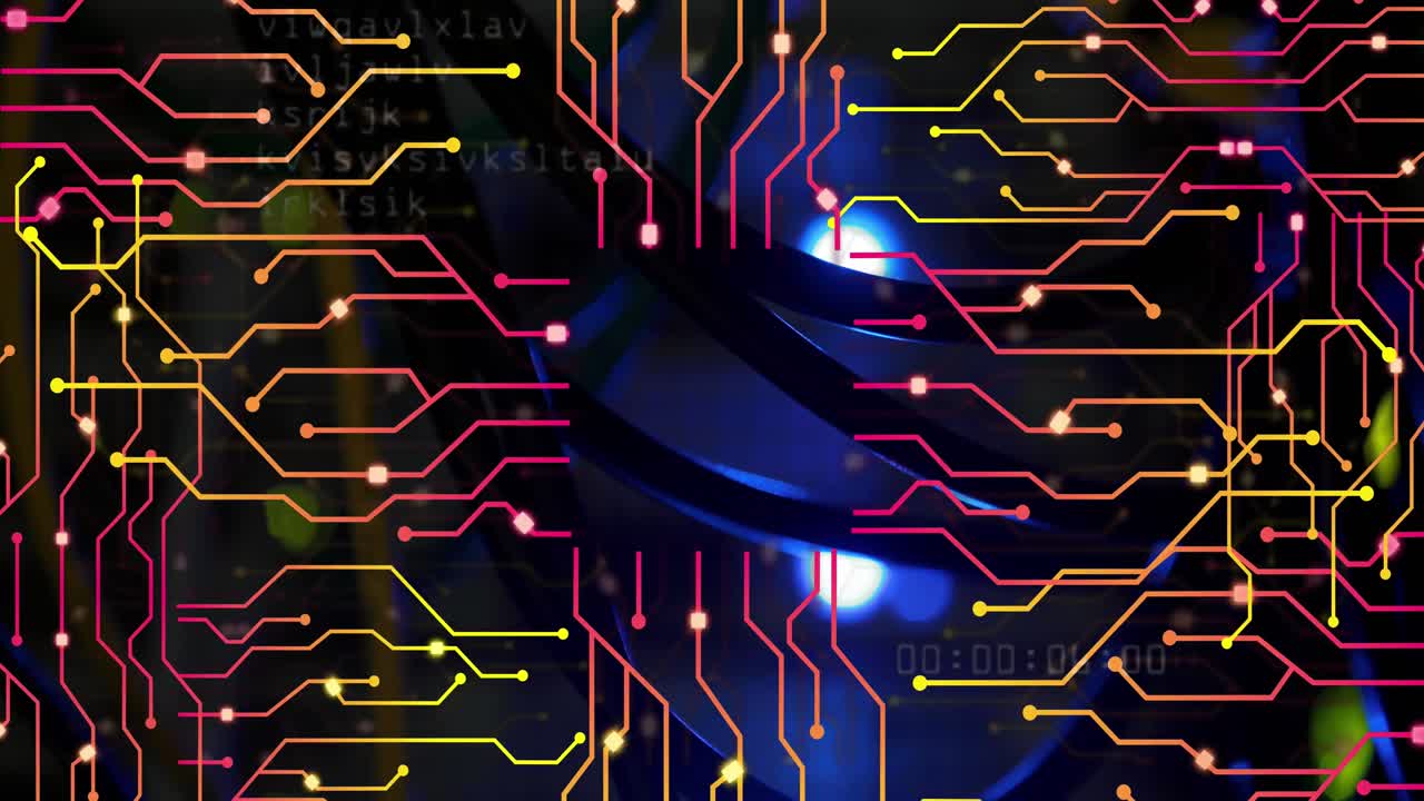animación de conexiones y procesamiento de datos a través de placas de circuitos y servidores.