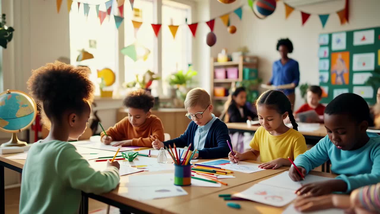 Niños dibujando en un aula, decoración colorida, toma gran angular, tema de vídeo educativo