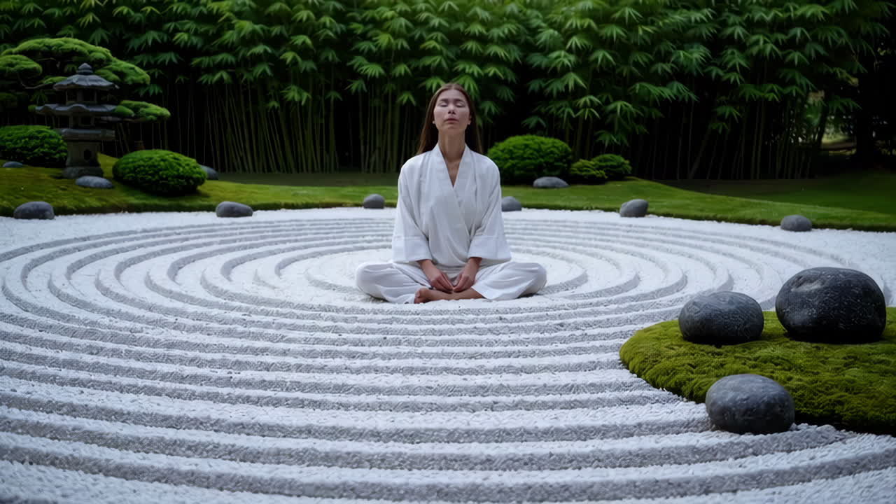 Woman Meditating in a Zen Garden