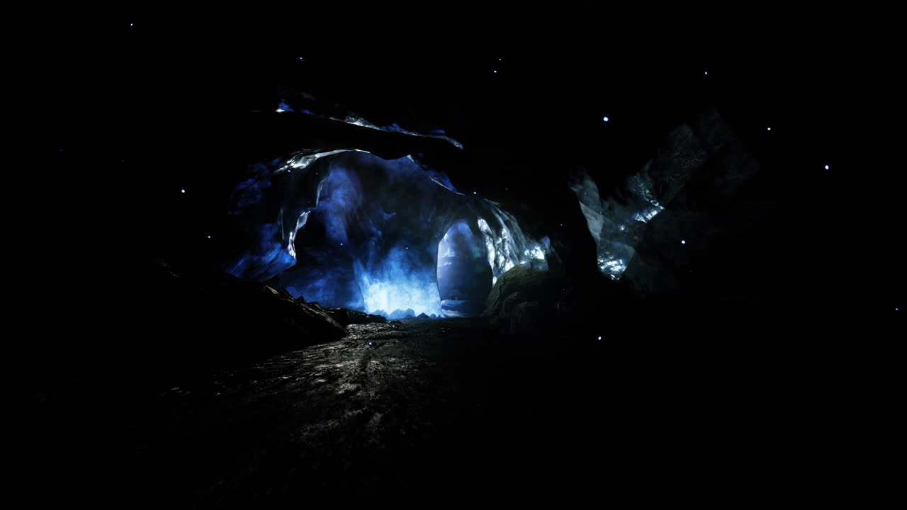 Mysterious cave with glowing crystals illuminated by soft blue light