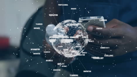 animation of global network processing data over midsection of african american man using smartphone