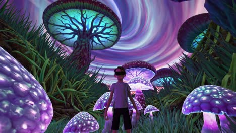 boy wearing vr headset in a fantastical mushroom forest