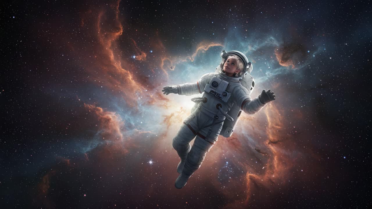 A serene journey through the cosmos, an astronaut floats gracefully in the depths of space, surrounded by vibrant nebulae and the vast expanse of the universe